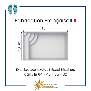 Piscine Coque Polyester Yuka 105 – Rectangulaire 10,00 x 2,50 m, Profondeur 1,40 m, Volume 31 m³, Banquette Intégrée, Gelcoat Haute Résistance, Traitement Anti-Osmose, Livraison dans les Dépa