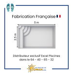Piscine Coque Polyester Yuka 55 – Rectangulaire 5,00 x 2,50 m, Profondeur 1,40 m, Volume 17 m³, Banquette Intégrée, Gelcoat Haute Résistance, Traitement Anti-Osmose, Livraison dans les Départ