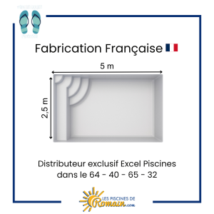 Piscine Coque Polyester Yuka 55 – Rectangulaire 5,00 x 2,50 m, Profondeur 1,40 m, Volume 17 m³, Banquette Intégrée, Gelcoat Haute Résistance, Traitement Anti-Osmose, Livraison dans les Départ