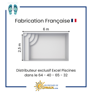 Piscine Coque Polyester Yuka 65 – Rectangulaire 6,00 x 2,50 m, Profondeur 1,40 m, Volume 18 m³, Banquette Intégrée, Gelcoat Haute Résistance, Traitement Anti-Osmose, Livraison dans les Départ