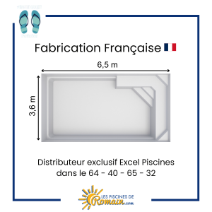 Piscine Coque Polyester Partition 65 – 6,50x3,60x1,50 m, Volume 31 m³, Fond Plat, Banquette Asymétrique Conviviale, Finition Gelcoat Résistante, Fabriquée en France, Livraison Départements 32