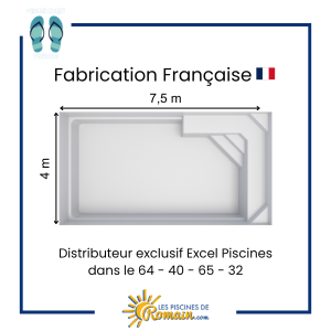 Piscine Coque Polyester Partition 76 – 7,50x4,00x1,50 m, Volume 41 m³, Fond Plat, Banquette Asymétrique Conviviale, Finition Gelcoat Résistante, Fabriquée en France, Livraison Départements 32