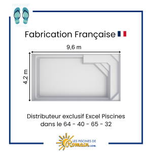 Piscine Coque Polyester Partition 98 – 9,60x4,20x1,50 m, Volume 56 m³, Fond Plat, Banquette Asymétrique Conviviale, Finition Gelcoat Résistante, Fabriquée en France, Livraison Départements 32