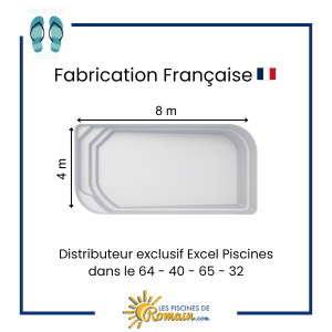 Piscine Coque Polyester Belcanto 81 – Rectangulaire 8,00x4,00 m, Volume 40 m³, Profondeur 1,00 à 1,80 m, Angles Arrondis, Gelcoat Anti-UV, Traitement Anti-Osmose, Fabriquée en Frances, Livrai