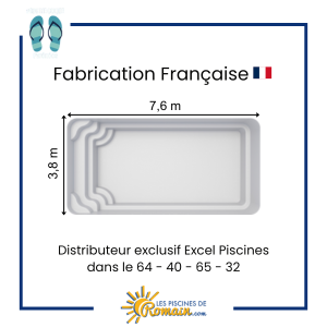 Piscine Coque Polyester Dolce 38 – 7,60x3,80 m, Fond Plat 1,50 m, Volume 37 m³, Design Rectangulaire avec Angles Arrondis, Éclairage LED, Système de Filtration Complet, 5 Coloris au Choix, Fa