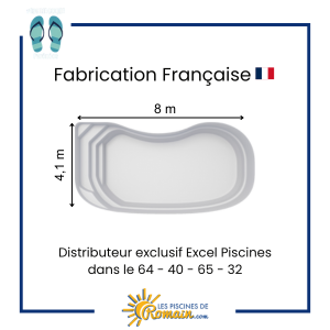 Piscine Coque Polyester Ovation 84 – 8,00x4,10x1,50 m, Volume 34 m³, Fond Plat, Design Haricot Original, Finition Gelcoat Résistante, Fabriquée en France, Livraison Départements 32, 40, 64, 6