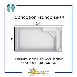 Piscine Coque Polyester Partition 104 – 10,40x4,20x1,50 m, Volume 60 m³, Fond Plat, Banquette Asymétrique Conviviale, Finition Gelcoat Résistante, Fabriquée en France, Livraison Départements
