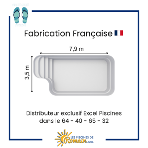 Piscine Coque Polyester Prélude 79 – 7,90x3,50x1,50 m, Volume 34 m³, Fond Plat, Banquette Balnéo Intégrée, Finition Gelcoat Résistante, Fabriquée en France, Livraison Départements 32, 40, 64,