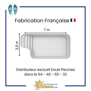 Piscine Coque Polyester Prélude 70 – 7,00x3,50x1,50 m, Volume 31 m³, Fond Plat, Escalier Décalé, Finition Gelcoat Résistante, Fabriquée en France, Livraison Départements 32, 40, 64, 65