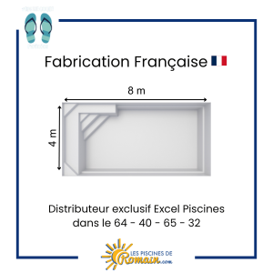 Piscine Coque Polyester Riverso 83 – 8,00x4,00x1,50 m, Volume 44 m³, Fond Plat, Banquette Intégrée, Finition Gelcoat Résistante, Fabriquée en France, Livraison Départements 32, 40, 64, 65