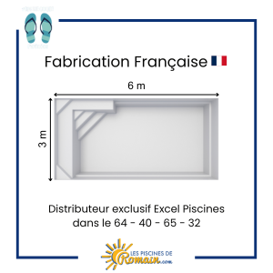 Piscine Coque Polyester Riverso 63 – 6,00x3,00x1,50 m, Volume 24 m³, Fond Plat, Banquette Intégrée, Finition Gelcoat Résistante, Fabriquée en France, Livraison Départements 32, 40, 64, 65