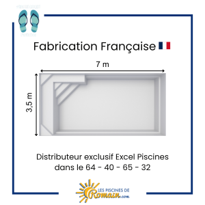 Piscine Coque Polyester Riverso 73 – 7,00x3,50x1,50 m, Volume 33 m³, Fond Plat, Banquette Intégrée, Finition Gelcoat Résistante, Fabriquée en France, Livraison Départements 32, 40, 64, 65