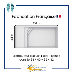Piscine Coque Polyester Sonate 77 – 7,60x3,80 m, Fond Plat 1,50 m, Volume 32 m³, Plage Immergée 1,60 m, Éclairage LED, Système de Filtration Complet, 5 Coloris au Choix, Fabriquée en France,