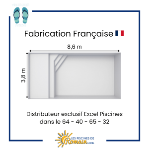 Piscine Coque Polyester Sonate 87 – 8,60x3,80 m, Fond Plat 1,50 m, Volume 38 m³, Plage Immergée 1,60 m, Éclairage LED, Système de Filtration Complet, 5 Coloris au Choix, Fabriquée en France,