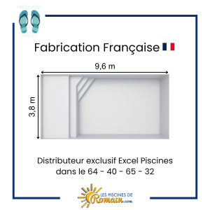 Piscine Coque Polyester Sonate 97 – 9,60x3,80 m, Fond Plat 1,50 m, Volume 43 m³, Plage Immergée 1,60 m, Éclairage LED, Système de Filtration Complet, 5 Coloris au Choix, Fabriquée en France,