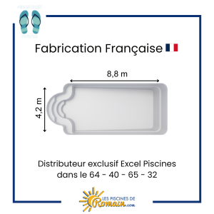 Piscine Coque Polyester Variation 88 – 8,80x4,20 m, Fond Incliné 1,00 à 1,90 m, Volume 46 m³, Design Romain Classique, Éclairage LED Intégré, Système de Filtration Performant, Fabriquée en Fr