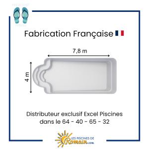 Piscine Coque Polyester Variation 74 – 7,80x4,00 m, Fond Incliné 1,00 à 1,80 m, Design Romain, Volume 37 m³, Fabriquée en France, Éclairage LED Intégré, Système de Filtration, 5 Coloris au Ch